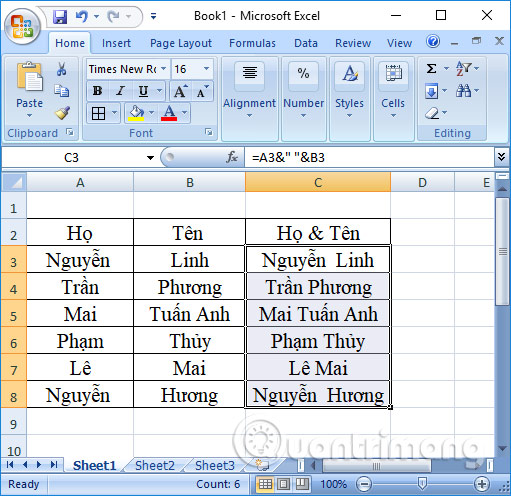 Nối 2 cột lại trên Excel