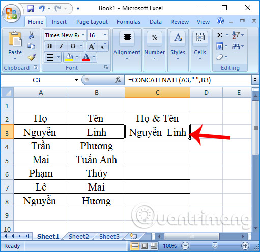 Nối 2 cột Excel thành 1 cột