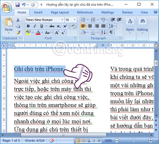 Chèn tiêu đề trong cột văn bản Word