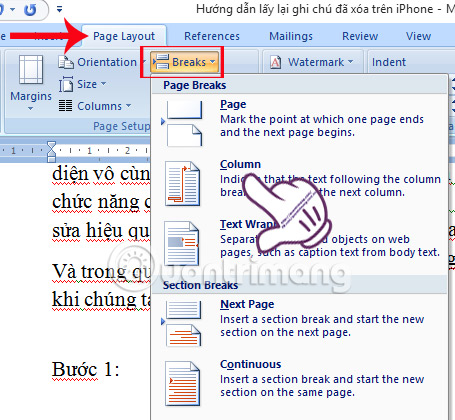 Ngắt cột văn bản Word