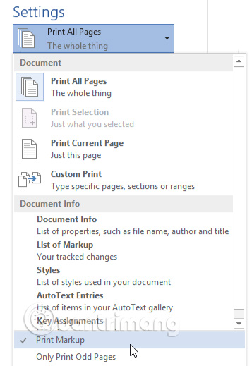 Bỏ chọn tùy chọn Print Markup 