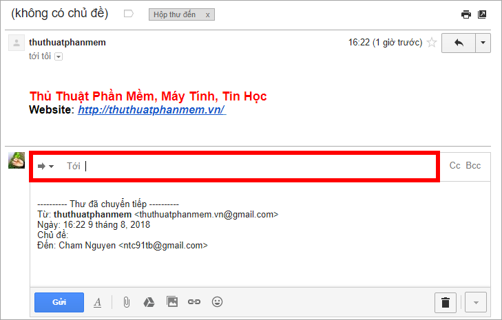 Nhập email muốn chuyển tiếp thư trong ô Tới và nhấn Gửi