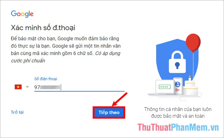 Nhập số điện thoại và nhấn Tiếp theo