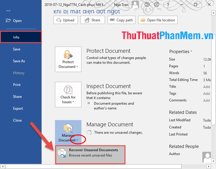 Chọn Recover Unsaved Documents