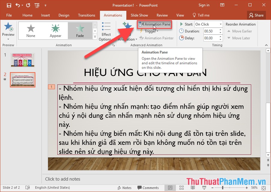 Kích chọn Animation Pane