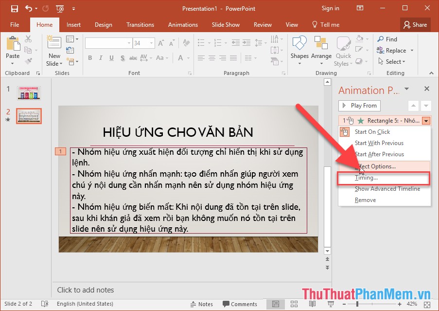 Chuột phải vào hiệu ứng vừa tạo cho đối tượng chọn Timming