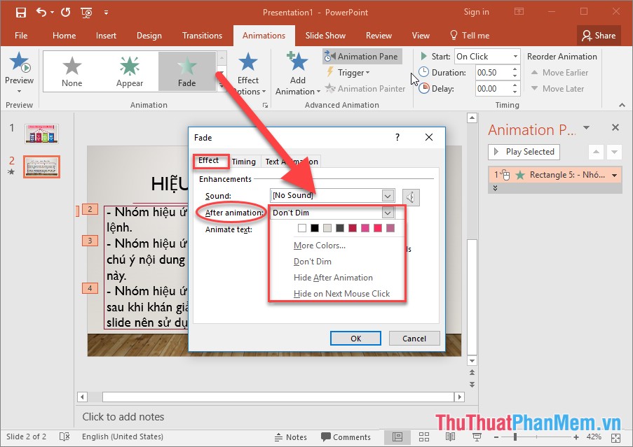 Trong hộp thoại Fade kích chọn thẻ Effect - After Amination