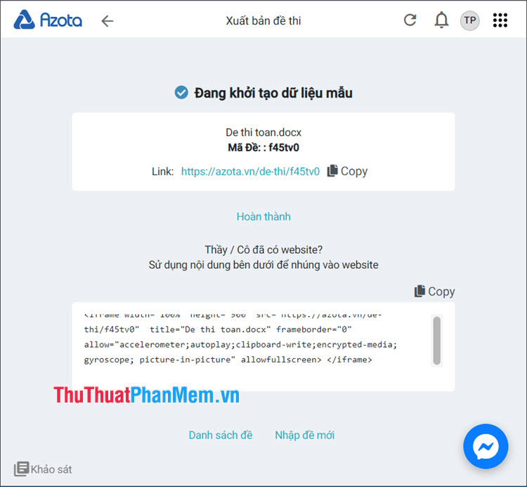 Click Copy hoặc sao chép đường link và gửi lên nhóm lớp để cho học sinh đăng kí thi