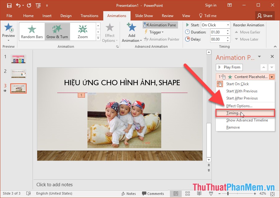 Chuột phải vào tên hiệu ứng chọn Timing